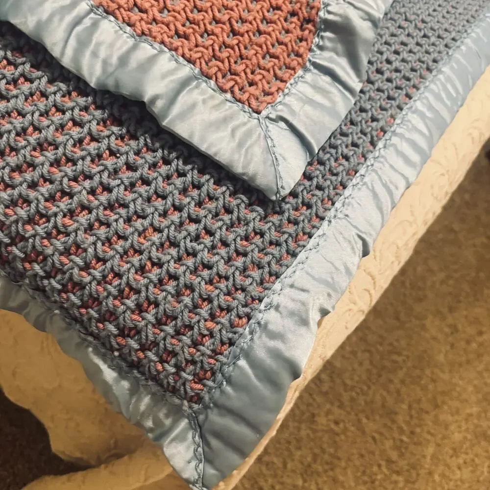 Handmade Crochet Afghan Throw Blanket satin border trim blue rose pink 68